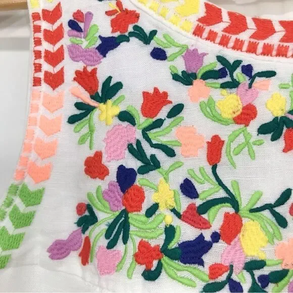 J. Crew Factory Colorful Embroidered White Linen Cotton Blend Sleeveless Dress - Picture 5 of 16